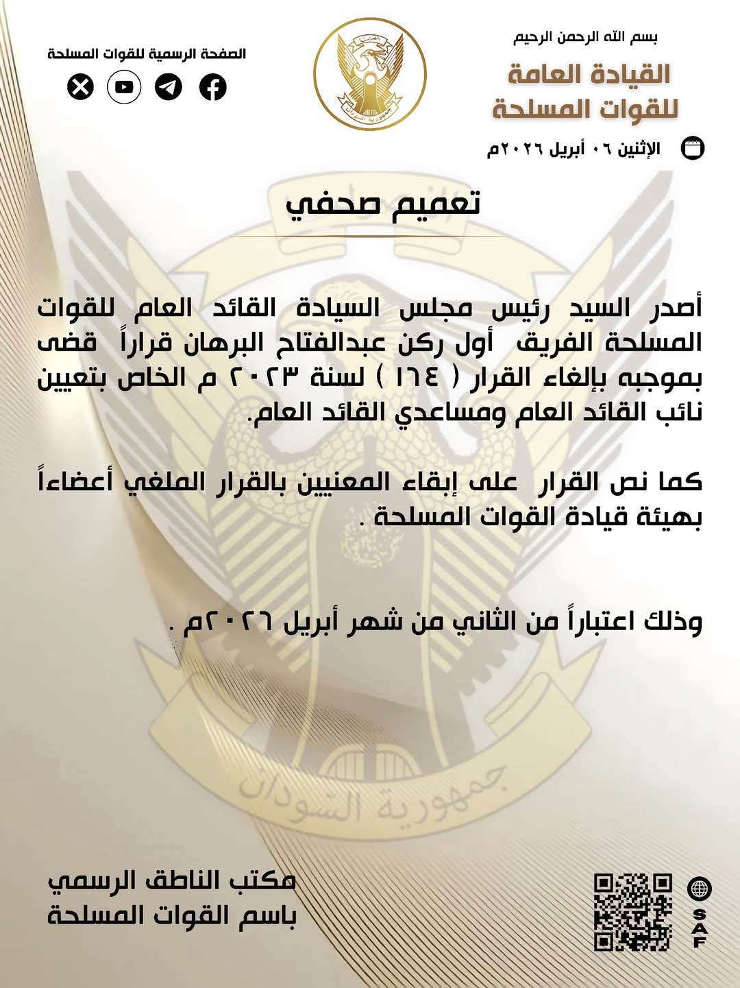 البرهان يصدر قرارات عسكرية جديدة